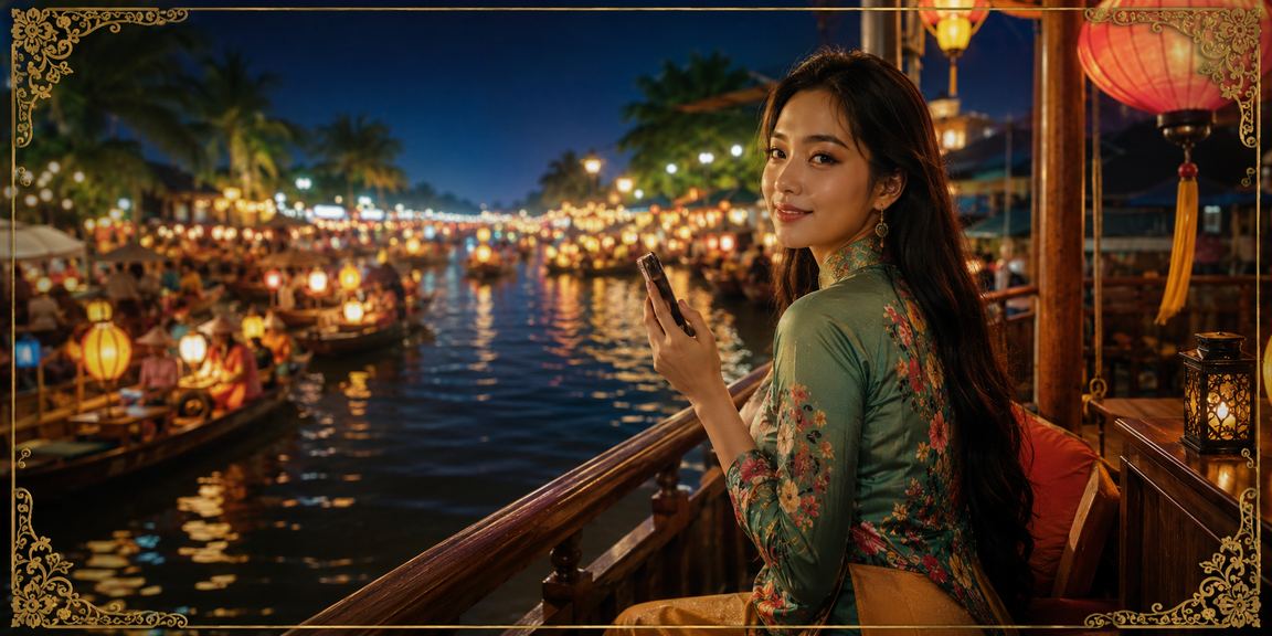 Khung cảnh lễ hội baccarat sông Mekong sôi động với ánh đèn neon